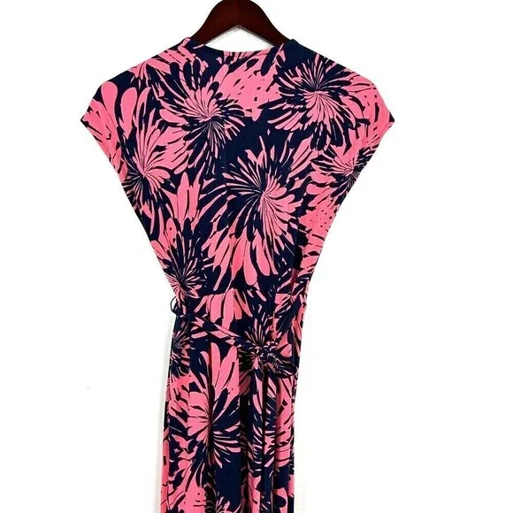 Maggy London Womens Sz 8 Pink And Blue Tropical Floral Cap Sleeve Wrap Dress N4 - Picture 8 of 12